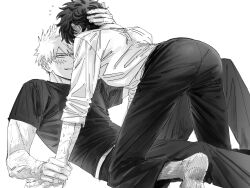  2boys bakugou_katsuki belt boku_no_hero_academia greyscale grin hand_on_another&#039;s_head hand_on_another&#039;s_wrist highres kneeling leaning leaning_back looking_at_viewer looking_up male_focus midoriya_izuku monochrome multiple_boys multiple_scars nono0o715 pants parted_bangs sanpaku scar scar_on_arm scar_on_cheek scar_on_face shirt short_hair short_sleeves simple_background sleeves_rolled_up smile socks t-shirt teeth white_background yaoi 