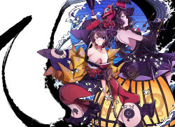  2girls absurdres bare_back bare_shoulders bird blue_eyes breasts cleavage colored_skin commentary dress dual_persona fate/grand_order fate_(series) flower full_body hair_flower hair_ornament highres holding holding_paintbrush japanese_clothes jeffrey10 katsushika_hokusai_(fate) katsushika_hokusai_(second_ascension)_(fate) katsushika_hokusai_(third_ascension)_(fate) kimono large_breasts multiple_girls octopus paintbrush print_kimono purple_dress purple_eyes purple_hair purple_kimono purple_skin short_hair tokitarou_(fate) water white_bird 