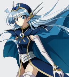  armor black_leotard blue_cloak blue_eyes blue_gemstone blue_hair blue_hat boots cloak closed_mouth cowboy_shot elbow_gloves female floating_hair gem gloves grey_background hat highres leotard long_hair magic_knight_rayearth na_cat1111 ryuuzaki_umi shoulder_armor solo standing thigh_boots very_long_hair white_boots white_gloves 