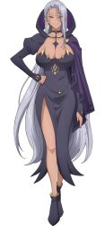  anime_coloring black_boots black_dress boots breasts cleavage clenched_hand closed_mouth dark-skinned_female dark_elf dark_skin dress earrings echidna_(fuguushoku_&quot;kanteishi&quot;_ga_jitsu_wa_saikyou_datta) elf female fuguushoku_&quot;kanteishi&quot;_ga_jitsu_wa_saikyou_datta full_body hand_on_own_hip highres hood huge_breasts jewelry long_hair long_sleeves looking_at_viewer pointy_ears red_eyes sakimoto_sayuri simple_background smile solo standing tachi-e very_long_hair white_hair 