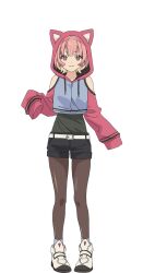  :3 animal_hood anime_coloring bare_shoulders belt bob_cut cat_hood closed_mouth earrings female full_body hood hooded_jacket hoodie jacket jewelry long_sleeves looking_at_viewer mob_kara_hajimaru_tansaku_eiyuutan moriyama_miku pantyhose pink_eyes pink_hair shoes short_hair short_shorts shorts simple_background sleeves_past_wrists smile socks solo standing thighhighs white_belt white_shoes yasuda_shouko 