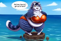  2020 3:2 anthro belly big_belly big_breasts bikini bikini_bottom bikini_top breasts chest_tuft claws cleavage clothed clothing cloud dialogue domestic_cat fangs felid feline felis female front_view hair half-closed_eyes hi_res huge_breasts huge_hips huge_thighs leaning leaning_forward mammal narrowed_eyes obese obese_anthro obese_female open_mouth overweight overweight_anthro overweight_female paws platform sea shenzel shenzel_(shenzel) short_stack sky solo speech_bubble swimwear teeth text thick_thighs tongue tuft water whiskers wide_hips 