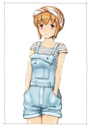  blush border brown_eyes brown_hair casual denim female freckles hands_in_pockets headband kitaura_sou light_smile looking_at_viewer overall_shorts overalls shirt short_hair short_sleeves smile solo striped_clothes striped_shirt t-shirt tanaka_mako watashi_ga_motenai_no_wa_dou_kangaetemo_omaera_ga_warui! 