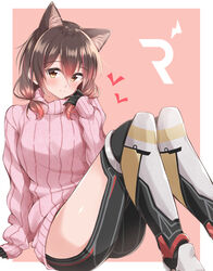  animal_ear_fluff animal_ears arm_support armor black_gloves black_legwear border breasts brown_hair cat_ears female gloves gradient greaves hand_on_own_chest hand_up heart highres hololive initial jiino knees large_breasts light_smile long_hair looking_to_the_side low_twintails pink_background pink_sweater red_hair ribbon roboco-san short_twintails sitting sleeves_past_wrists solo sweater thighs twintails virtual_youtuber white_border yellow_eyes 