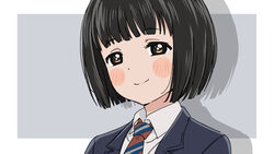  black_hair blush bob_cut brown_eyes female highres koguma_(super_cub) necktie portrait school_uniform short_hair simple_background smile solo super_cub yatagarasu_p 