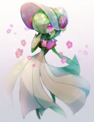  :o blurry clothed_pokemon commentary female flower full_body gardevoir gardevoir_(fashionable) hand_up hat hat_flower highres looking_at_viewer parted_lips pokemon pokemon_(creature) pokemon_unite purple_eyes purple_flower solo tomashuu white_background 