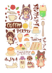  3girls :&lt; :d absurdres animal animal-themed_food animal_ears apple_rabbit apron black_dress black_footwear black_hair black_legwear blue_dress boots bottle bow brown_eyes brown_footwear brown_kimono butter cat_ears cat_girl cat_tail cherry_blossoms closed_mouth coffee_beans commentary_request cup cupcake dress egasumi english_text feline flower food food_art frilled_apron frills green_eyes hairbow highres ice_cream ice_cream_cone ice_cream_float japanese_clothes juliet_sleeves kimono long_hair long_sleeves maid maid_apron maid_headdress milk_bottle mixed_maids multiple_girls omelet omurice open_mouth original pancake pancake_stack pantyhose parted_lips pudding puffy_sleeves rabbit red_eyes red_flower red_rose rose sandwich short_hair simple_background smile spork standing standing_on_one_leg sugar_cube tail teacup translated triangle_mouth tsumetsume_zerii twintails very_long_hair wa_maid white_apron white_background white_bow white_legwear 