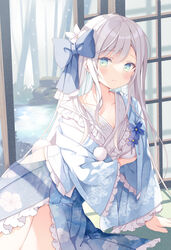  arm_under_breasts blue_bow blue_flower blue_kimono blush bow breasts cleavage collarbone female floral_print flower green_eyes hair_flower hair_ornament hairbow hoshino_koucha japanese_clothes kimono light_blush long_hair long_sleeves looking_at_viewer medium_breasts on_floor original panties pantyshot pom_pom_(clothes) print_kimono sitting skindentation smile solo swept_bangs thighs underwear white_flower white_hair white_panties wide_sleeves yokozuwari 