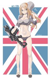  adapted_costume ar-15 artist_name baseball_cap bikini blonde_hair blue_eyes breasts character_name cropped_jacket female flag_background full_body grey_bikini grey_headwear grey_jacket gun hat highres jacket kantai_collection long_hair nelson_(kancolle) rifle standing swimsuit tada_(tactical_tada) union_jack weapon 