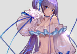  absurdres bare_shoulders bikini blue_eyes blue_ribbon blush breasts collarbone earrings fate/grand_order fate_(series) female frilled_bikini frills grey_background hair_ribbon highres jewelry long_hair looking_at_viewer meltryllis_(fate) meltryllis_(swimsuit_lancer)_(fate) meltryllis_(swimsuit_lancer)_(third_ascension)_(fate) navel parted_lips puffy_sleeves purple_hair ribbon side_ponytail simple_background sleeves_past_fingers sleeves_past_wrists small_breasts solo sparkle swimsuit very_long_hair white_bikini yusuli- 