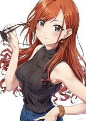  arisugawa_natsuha ayano_yuu_(sonma_1426) bangle bare_arms bare_shoulders black_eyes black_shirt blue_nails bracelet commentary denim earrings female highres idolmaster idolmaster_shiny_colors jeans jewelry long_hair looking_at_viewer nail_polish orange_hair pants shirt sleeveless sleeveless_shirt sleeveless_turtleneck solo sunglasses turtleneck unworn_eyewear white_background 