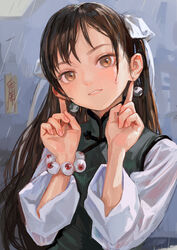  blush bracelet brown_hair china_dress chinese_clothes chinese_text commentary dress earrings eyeball eyeball_bracelet eyeball_bracelet_girl_(fkey) female fkey gesture gesture_request green_dress grin hair_ribbon hand_on_own_ear highres jewelry long_hair long_sleeves looking_at_viewer original outdoors pointing pointing_at_self rain ribbon shadow smile symbol-only_commentary talisman water_drop wet wet_clothes white_ribbon yellow_eyes yin_yang yin_yang_earrings 