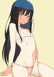  absurdres bikini black_hair blush bural_chingu commentary embarrassed female flat_chest highres ju_hyeon-mi korean_commentary long_hair looking_at_viewer luke_(dydansgur) navel simple_background solo swimsuit yellow_background yellow_eyes 