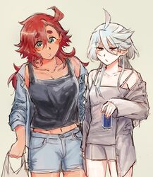  2girls ahoge bad_id bad_twitter_id bag can denim denim_shorts drink_can grey_hair gundam gundam_suisei_no_majo highres inactive_account jacket korean_commentary long_hair messy_hair midriff miorine_rembran morumottokun multiple_girls navel off_shoulder red_hair shopping_bag short_shorts shorts soda_can strap_slip suletta_mercury tank_top thick_eyebrows 