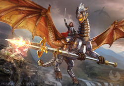  accessory amazing_background ambiguous_gender armor background_character breath_powers cloudy_(disambiguation) detailed detailed_background dragon dragon_horn duo elemental_manipulation female_(lore) feral fire fire_breathing fire_manipulation frill_(anatomy) furgonomics hi_res horn human leather leather_strap male_(lore) mammal melee_weapon membrane_(anatomy) membranous_frill mythological_creature mythological_scalie mythology plant polearm red-izak riding river scalie spear straps sword tail tail_accessory tail_frill tail_membrane waterfall weapon 