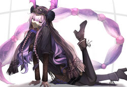  absurdres arknights arm_support black_dress black_footwear boots braid commentary dress female head_wings high_heel_boots high_heels highres kiyakyuu leg_up long_hair long_sleeves looking_at_viewer manticore_(arknights) manticore_(under_a_veil)_(arknights) mouth_veil official_alternate_costume purple_eyes purple_hair scorpion_tail solo tail twin_braids veil very_long_hair wings 