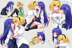  2girls aged_up animal_ears asymmetrical_docking black_hairband blonde_hair blue_eyes blue_hair blue_skirt blush blush_stickers bow breast_press breasts cat_ears cat_girl cat_tail chibi closed_eyes collared_shirt commentary couple eru eye_contact furude_rika grabbing grabbing_another&#039;s_breast hairband hand_on_another&#039;s_face higurashi_no_naku_koro_ni houjou_satoko hug hug_from_behind kemonomimi_mode kissing kneeling large_breasts long_hair looking_at_another multiple_girls no_shoes oerba_yun_fang open_mouth pantyhose pink_bow pleated_skirt pout purple_eyes school_uniform shirt short_hair simple_background sitting skirt smile socks sparkling_eyes st._lucia_academy_school_uniform sweat tail translated wavy_mouth white_shirt yuri 