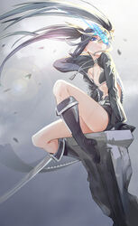  absurdres arm_support arms_at_sides belt bikini bikini_top_only black_bikini black_footwear black_gloves black_hair black_jacket black_rock_shooter black_rock_shooter_(character) black_rock_shooter_(game) black_shorts blue_eyes boots choker female flaming_eye floating_hair from_side gloves highres hood hooded_jacket jacket jewelry knee_boots knee_up kneehighs long_hair long_sleeves looking_at_viewer looking_down looking_to_the_side necklace no_shirt overcast parted_lips pendant shorts sidelocks sitting sky socks solo stella_(black_rock_shooter) sunlight swimsuit theleopardcat twintails unzipped weapon wind 