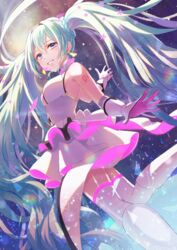  absurdres arm_tattoo azaka_(pipponao) blue_eyes blue_hair commentary dress earrings female floating_hair galaxy_live_(vocaloid) gloves grin hair_between_eyes hatsune_miku highres jewelry long_hair looking_at_viewer looking_down short_dress smile solo space standing standing_on_one_leg star_(sky) star_(symbol) tattoo thighhighs twintails very_long_hair vocaloid white_dress white_gloves white_thighhighs zettai_ryouiki 