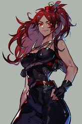  &gt;:) azaya_(kuroi_azaya) bare_shoulders black_gloves cowboy_shot dark-skinned_female dark_skin female gloves hand_on_own_hip highres hip_focus long_hair looking_at_viewer original parted_bangs red_eyes red_hair smile solo toned v-shaped_eyebrows 