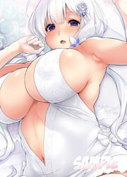  armpits azur_lane bare_shoulders blunt_bangs breasts bridal_veil cleavage_cutout clothing_cutout commentary_request dress female flower gloves illustrious_(azur_lane) illustrious_(morning_star_of_love_and_hope)_(azur_lane) kemigawa_mondo large_breasts long_hair low_twintails navel official_alternate_costume open_mouth purple_eyes rose sample_watermark sideboob solo thighhighs tri_tails twintails veil very_long_hair watermark wedding_dress white_dress white_flower white_gloves white_rose white_thighhighs 