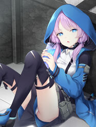  against_glass arknights belt belt_pouch black_choker black_shorts black_thighhighs blue_eyes blue_footwear blue_jacket blue_poison_(arknights) blue_poison_(elite_ii)_(arknights) bright_pupils choker collared_shirt cup drink drinking_glass female highres holding holding_cup hood hood_up hooded_jacket jacket knees_up long_hair long_sleeves low_twintails on_floor open_mouth panties pink_hair pouch sasasa_(nashi) shirt shorts sitting suspender_shorts suspenders thighhighs twintails underwear upshorts white_panties white_shirt zipper_pull_tab 