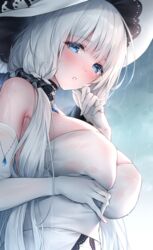  azur_lane bare_shoulders blue_eyes blue_gemstone breasts cleavage dress elbow_gloves female from_below gem gloves highres illustrious_(azur_lane) lace-trimmed_headwear lace_trim large_breasts long_hair looking_at_viewer oyuwari strapless strapless_dress wet wet_clothes wet_dress white_dress white_gloves white_hair white_headwear white_theme 