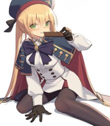  artoria_caster_(fate) artoria_caster_(second_ascension)_(fate) artoria_pendragon_(fate) beret black_gloves blonde_hair blue_cape blue_hat blush brown_pantyhose candy cape chocolate chocolate_bar closed_mouth commentary_request dress fate/grand_order fate_(series) female food gloves green_eyes hair_between_eyes hat holding holding_food kildir long_sleeves looking_at_viewer pantyhose pleated_dress puffy_long_sleeves puffy_sleeves red_cape shadow smile solo twintails white_background white_dress 