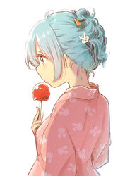  absurdres animal_print aqua_hair candy_apple carrion1129 female food from_side hair_ornament hair_up hairclip highres japanese_clothes kimono nape original profile rabbit_hair_ornament rabbit_print solo upper_body white_background yukata 