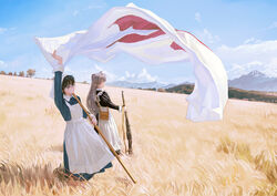  2girls animal_ears apron bag black_dress black_hair blue_dress blue_sky bolt_action brown_eyes cat_ears cloud commentary day dress extra_ears feiqizi_(fkey) fkey flag glasses grass grasslands grey_hair gun long_hair maid maid_apron meadow mosin-nagant mountain mountainous_horizon multiple_girls original outdoors plain red_eyes rifle shoulder_bag sky symbol-only_commentary tree weapon white_apron 