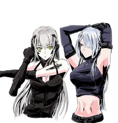  2girls abs ak-15_(girls&#039;_frontline) barcode breasts chika_(keiin) cleavage crop_top elbow_gloves exercising eyes_visible_through_hair gager_(girls&#039;_frontline) girls&#039;_frontline gloves green_eyes grey_hair multiple_girls navel purple_eyes sangvis_ferri stretching 