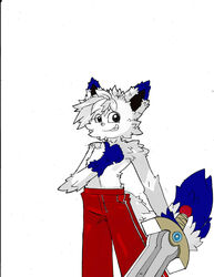  anthro bottomwear canid canine clothed clothing colored digital_media_(artwork) dipstick_ears ear_markings fox fur gloves_(marking) hi_res holding_object male mammal markings melee_weapon multicolored_ears pants solo standing superbunnygt sword tail topless weapon 