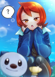  ? arezu_(pokemon) blue_jacket blurry brown_bag cloud commentary_request cowlick day female from_below gradient_legwear head_rest highres holding holding_shell itsumip jacket long_sleeves looking_at_viewer looking_down orange_eyes orange_hair oshawott outdoors pantyhose pokemon pokemon_(creature) pokemon_legends:_arceus seashell shell short_hair signature sky sparkle spoken_question_mark squatting 