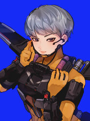  animification apex_legends blue_background bodysuit brown_eyes female gloves grey_hair hair_behind_ear headset highres jetpack looking_to_the_side mechanical_wings orange_bodysuit orange_gloves sahata_saba short_hair smile solo upper_body valkyrie_(apex_legends) wings 