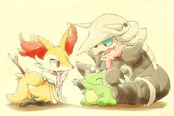  aggron animal_ear_fluff black_eyes braixen closed_mouth commentary_request doll furry holding holding_doll kinakomochi_(kazuna922) kneeling looking_down open_mouth pink_scarf pokemon pokemon_(creature) scarf smile stick substitute_(pokemon) white_fur yellow_fur 