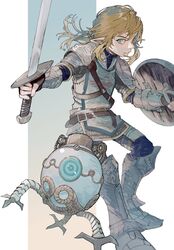  1boy aqua_eyes armor bad_id bad_twitter_id belt blonde_hair brown_gloves commentary_request fingerless_gloves fingernails gloves gradient_background greaves highres holding holding_shield holding_sword holding_weapon link long_hair male_focus parted_lips pauldrons pointy_ears shield shoulder_armor soldier&#039;s_set_(zelda) sword the_legend_of_zelda the_legend_of_zelda:_breath_of_the_wild turtleneck urutora vambraces weapon wooden_shield 