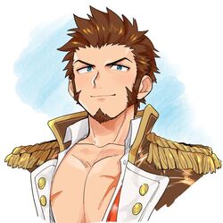  1boy bad_id bad_twitter_id blue_eyes blush brown_hair epaulettes facial_hair fate/grand_order fate_(series) goatee long_sideburns long_sleeves looking_at_viewer male_focus military military_uniform muscular muscular_male napoleon_bonaparte_(fate) pectoral_cleavage pectorals scar shitappa short_hair sideburns simple_background smile solo uniform upper_body 