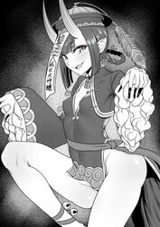  ankle_ribbon bad_id bad_pixiv_id bell blush braid braided_hair_rings breasts china_dress chinese_clothes cleavage_cutout clothing_cutout covered_navel dress eyeliner fangs fate/grand_order fate_(series) female fingernails frills greyscale hair_rings hands_up hat highres horns jiangshi jingle_bell knee_up koori_tsuku leg_ribbon long_sleeves looking_at_viewer makeup monochrome ofuda oni open_mouth peacock_feathers pelvic_curtain pointy_ears qingdai_guanmao ribbon sash sharp_fingernails short_hair shuten_douji_(fate) shuten_douji_(festival_outfit)_(fate) side_slit skin-covered_horns small_breasts smile solo thighs twin_braids wide_sleeves 