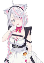  android animal_ears apron bandaged_arm bandages bandaid bandaid_hair_ornament barcode barcode_tattoo bell black_hairband braid breasts cat_ears chest_strap cleavage commentary_request crossed_bandaids crosshair_pupils earrings eyebrows_hidden_by_hair eyes_visible_through_hair female g-sammy gloves grey_eyes hair_ornament hairband heterochromia highres indie_virtual_youtuber jewelry jingle_bell large_breasts lolo_(vtuber) long_hair maid mismatched_pupils mouth_pull multicolored_hair pink_eyes pink_hair single_braid solo streaked_hair tattoo two-tone_hair underbust very_long_hair virtual_youtuber waist_apron white_background white_gloves white_hair 