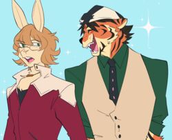  alternate_species anthro barnaby_brooks_jr black_hair blonde_hair chest_tuft clothed clothing dress_shirt duo ears_back eyewear fangs felid femboy fur furrification glasses hair jacket kaburagi_t_kotetsu karina_farek lagomorph leporid male mammal necktie open_mouth open_smile orange_body orange_fur pantherine pink_tongue pivoted_ears rabbit shirt smile sparkles striped_body striped_fur stripes tan_body tan_fur teeth tiger tiger_and_bunny tongue topwear tuft vest 