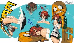  a.b.a absurdres bandages blood chains female fingerless_gloves gloves green_eyes guilty_gear guilty_gear_xx highres key key_in_head object_through_head paracelsus_(guilty_gear) portrait red_hair reference_sheet relusionh short_hair sleeping stitched_mouth stitches surprised 