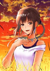  :d bare_arms brown_eyes brown_hair character_request cloud collarbone female floating_hair gradient_sky hair_intakes highres jing_king_of_bandits kaijin-m long_hair off_shoulder open_mouth orange_sky outdoors shirt sky sleeveless sleeveless_shirt smile solo sunset wheat_field white_shirt 