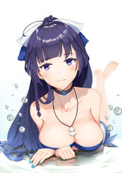  absurdres bare_shoulders barefoot bikini bikini_top_only blue_bikini blue_flower blue_hair blue_nails blush braid breasts bubble choker cleavage commentary_request feet female fingernails flower hair_ribbon highres honkai_(series) honkai_impact_3rd jewelry jliaan large_breasts legs_up long_fingernails long_hair looking_at_viewer lying necklace on_stomach ponytail purple_eyes raiden_mei ribbon shell shell_necklace side_braid smile solo swimsuit the_pose very_long_hair water 