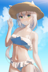  ahoge animal_ear_fluff animal_ears arm_up bikini blush braid cloud cloudy_sky commentary_request earrings female fox_ears fox_girl fox_tail green_eyes hair_between_eyes hat highres hololive jewelry long_hair looking_at_viewer shirai_yu shirakami_fubuki sidelocks single_braid sky smile solo straw_hat swimsuit tail virtual_youtuber white_bikini white_hair 