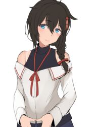  black_hair black_shirt blue_eyes braid commentary_request female hair_flaps hair_ornament hair_over_shoulder kantai_collection layered_shirt looking_at_viewer off-shoulder_shirt off_shoulder official_alternate_costume shigure_(kancolle) shigure_kai_ni_(kancolle) shirt simple_background single_braid sleeveless sleeveless_shirt solo turtleneck upper_body white_background white_shirt yukiguni_yuu 