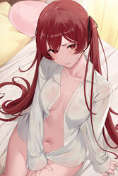  bed bottomless breasts collarbone commentary covering_crotch covering_privates dress_shirt embarrassed female fire_emblem fire_emblem_fates hair_ribbon haru_(nakajou-28) highres long_hair long_sleeves looking_at_viewer looking_up naked_shirt navel no_bra open_clothes open_shirt red_hair ribbon selena_(fire_emblem_fates) shirt small_breasts solo stomach sweatdrop twintails unbuttoned very_long_hair wavy_mouth white_shirt 