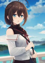  ahoge bad_id bad_twitter_id bag blue_eyes blurry blurry_background blush braid breasts cloud day female hair_between_eyes hair_flaps hair_over_shoulder hair_ribbon highres kantai_collection long_hair long_sleeves official_alternate_costume outdoors parted_lips ribbon sha_(isago) shigure_(kancolle) shigure_kai_ni_(kancolle) single_braid sky small_breasts solo 