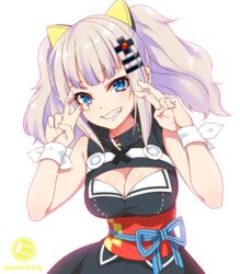  blue_eyes breasts cleavage cleavage_cutout clothing_cutout dress female grey_hair hair_ornament hairclip kaguya_luna looking_at_viewer nyanmaru_(ememing) open_mouth simple_background sleeveless sleeveless_dress smile solo the_moon_studio twintails virtual_youtuber white_background 