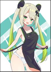  :d apron arched_back bare_arms bare_shoulders black_apron blonde_hair blush caburi commentary contrapposto female gradient_hair green_eyes green_hair groin hair_ornament head_tilt highres kanji_hair_ornament long_hair looking_at_viewer mascot multicolored_hair nearly_naked_apron open_mouth original panties petite removing_apron smile solo striped_clothes striped_panties swept_bangs tsukumo-tan underwear undressing untying very_long_hair white_panties 