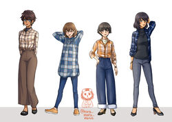  4girls absurdres arms_behind_head black_footwear black_shirt blue_eyes blue_pants blue_shirt bob_cut bracelet brown_eyes brown_footwear brown_hair brown_pants brown_shirt casual closed_eyes closed_mouth commentary dark-skinned_female dark_skin denim earrings emblem flannel flats freckles girls_und_panzer green_eyes grey_pants hand_in_own_hair hand_on_own_hip high-waist_pants high_heels highres hoop_earrings hora_maru_mate hoshino_(girls_und_panzer) jeans jewelry leopon_(animal) looking_at_viewer multiple_girls nakajima_(girls_und_panzer) no_socks open_clothes open_shirt orange_shirt pants pearl_earrings plaid plaid_shirt shirt short_hair smile standing stud_earrings suzuki_(girls_und_panzer) tsuchiya_(girls_und_panzer) turtleneck twitter_username untucked_shirt watch white_background white_shirt wristwatch 